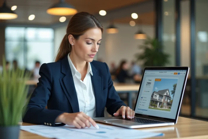 Agent immobilière analysant les tarifs d'une visite virtuelle de maison sur ordinateur portable dans un bureau moderne