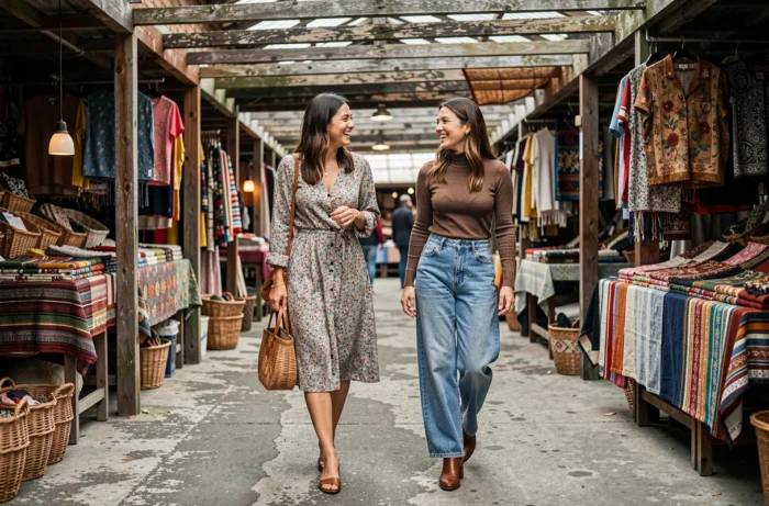 Deux amies habillées avec style se promenant en riant dans un marché couvert aux étals colorés et chaleureux