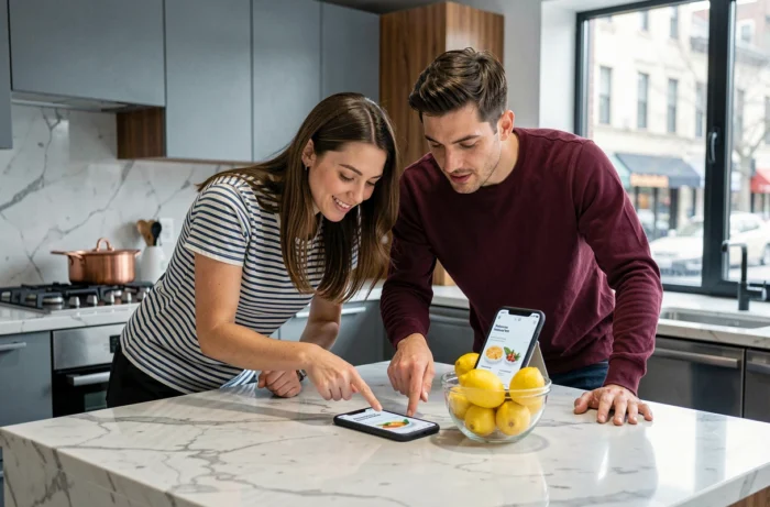 Deux amis consultant une recette sur smartphone appuyé sur un comptoir en marbre dans une cuisine contemporaine et lumineuse