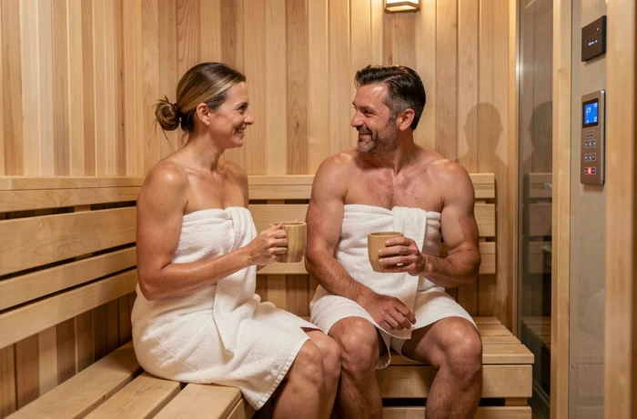 Deux amis partageant un moment de détente dans un sauna infrarouge moderne, illustrant les bienfaits sociaux et relaxants du sauna