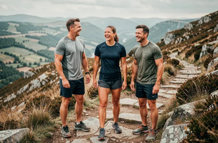 Groupe d'amis en tenue de sport se préparant pour un trail en montagne, loisirs actifs en plein air