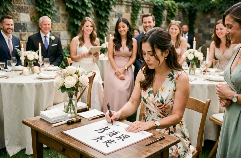 Animation calligraphie originale lors d'un mariage en jardin avec invités admiratifs