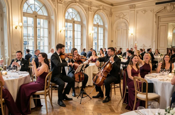 Quatuor à cordes en animation surprise lors d'un dîner de mariage dans un salon parisien haussmannien