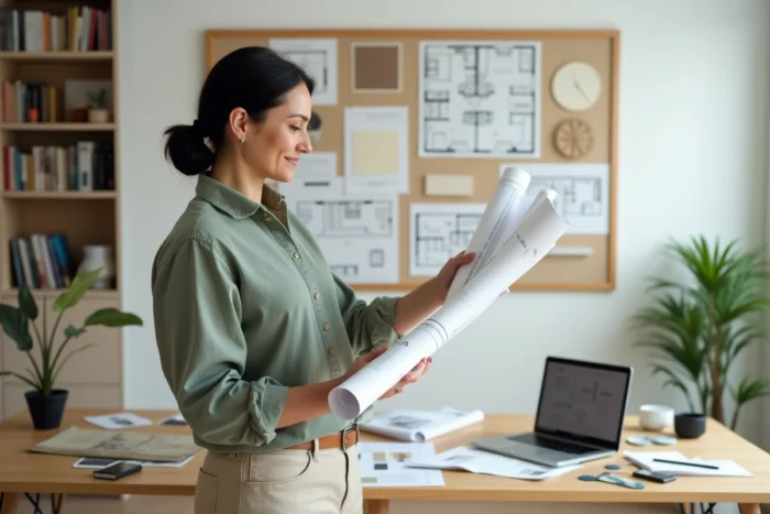 Architecte d'intérieur féminine étudiant des plans de rénovation devant un tableau d'inspiration dans un bureau à domicile