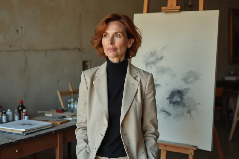Artiste française Béatrice Vonderweidt dans son atelier parisien devant une toile abstraite, portrait artistique professionnel