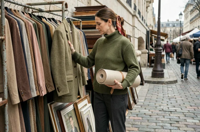 Femme artiste au marché aux puces parisien examinant une veste haute couture vintage avec une toile sous le bras