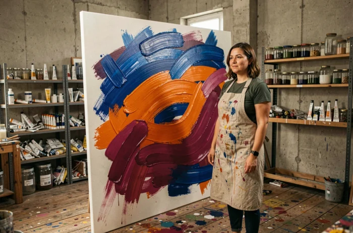 Artiste contemporaine devant une grande toile abstraite aux couleurs vives dans son atelier
