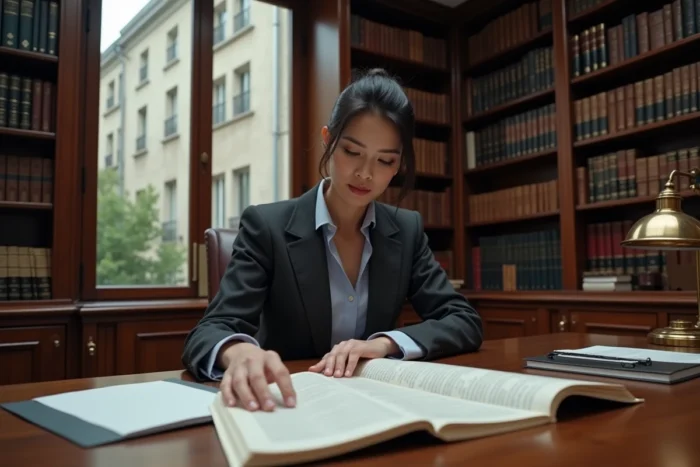Avocate spécialisée en droit à l'image étudiant des documents juridiques dans un cabinet parisien, droit de la personnalité en France