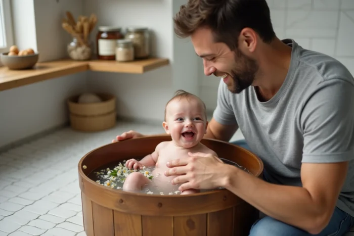 Papa donnant le bain à son bébé dans une baignoire en bois avec des pétales de camomille, entouré de produits naturels faits maison dans une salle de bain épurée