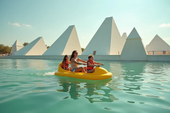 Famille en pédalo devant l'architecture pyramidale emblématique de La Grande-Motte sur les eaux calmes du lagon protégé