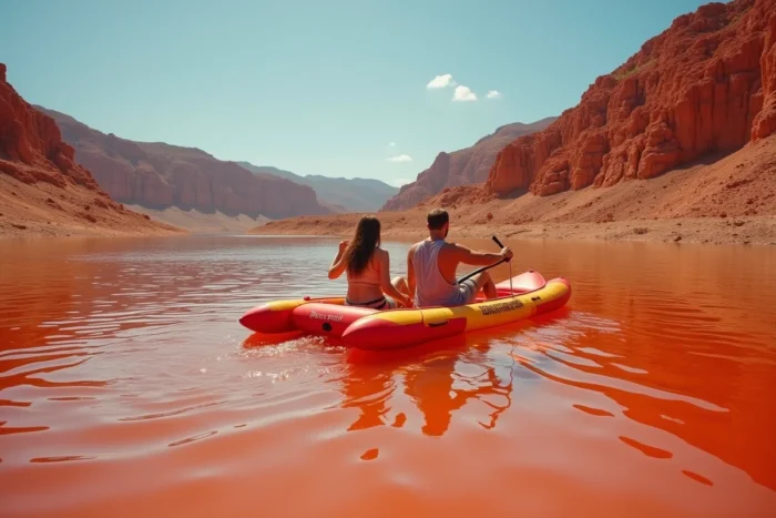 Couple en pédalo sur le lac du Salagou avec les falaises d'argile rouge et volcanique caractéristiques en arrière-plan