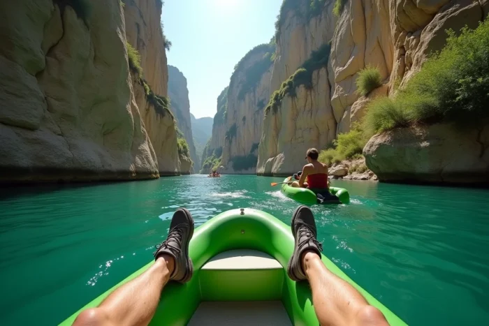 Deux adultes en pédalo sur les eaux émeraude des gorges de l'Hérault près de Laroque avec les falaises calcaires abruptes encadrant la rivière