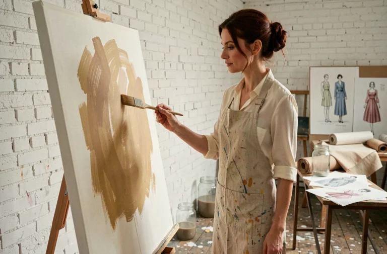 Artiste peintre femme en tablier de lin devant une grande toile dans un atelier mêlant mode et peinture