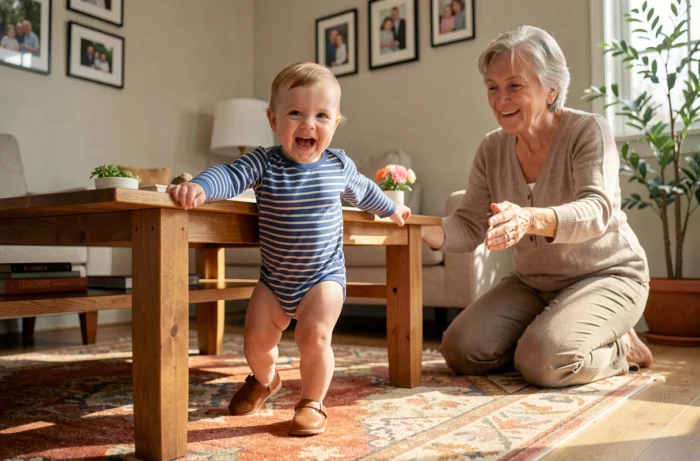 Bébé de onze mois faisant ses premiers pas le long d'une table basse sous le regard encourageant de sa grand-mère dans un salon familial