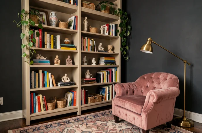 Bibliothèque ouverte stylisée avec livres, céramiques et plantes dans un coin lecture cosy aux tons charbonneux