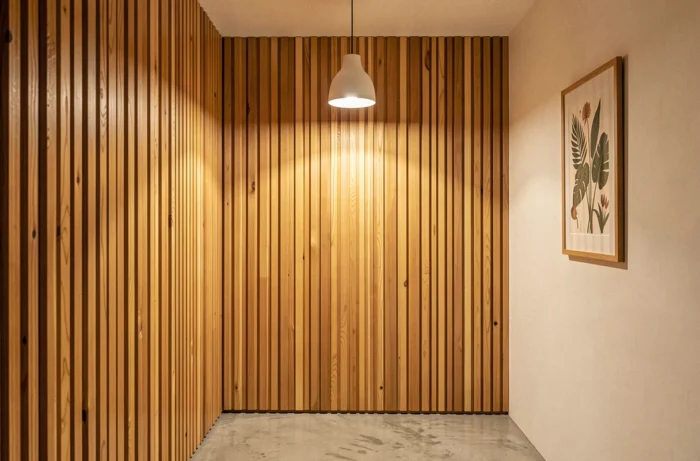 Panneau de bois cannelé en chêne couvrant un mur vertical dans un couloir moderne avec sol en béton ciré