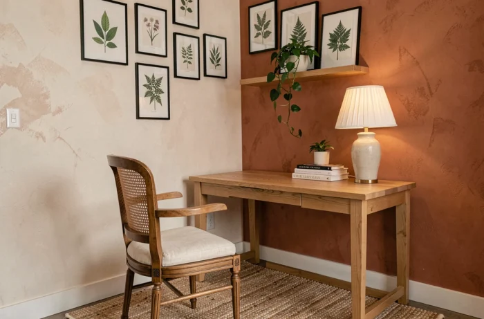 Bureau à domicile tendance avec bureau en chêne, mur en badigeon terracotta et galerie de cadres botaniques