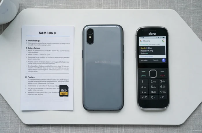 Carte microSD, adaptateur et téléphone Doro posés à plat avec le manuel d'utilisation