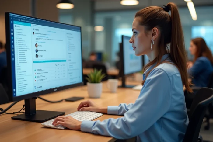Professionnelle utilisant un outil de gestion centralisé sur double écran pour regrouper toutes les informations de l'événement.