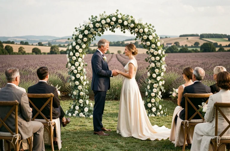 Cérémonie de mariage élégante en plein air dans la campagne française avec couple devant un arche fleurie de roses blanches