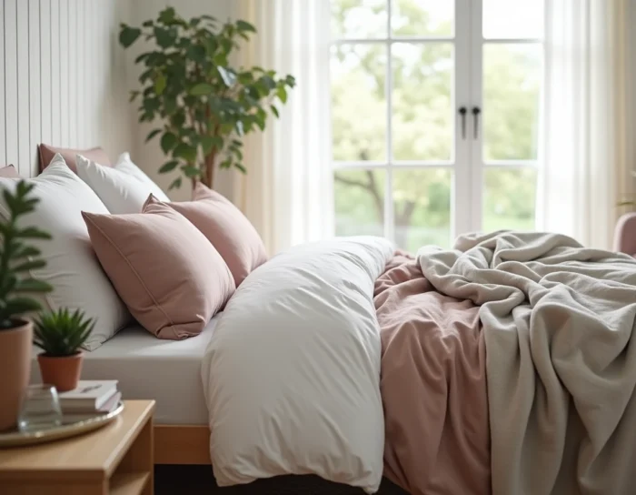 Chambre à coucher style scandinave cosy avec literie en coton superposée, plante succulente et décoration apaisante en tons neutres
