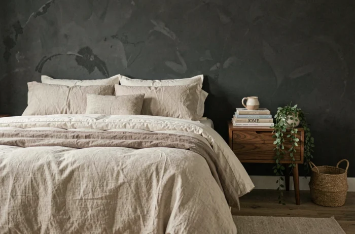 Luxurious master bedroom with ivory linen bedding, anthracite lime wall, and walnut bedside table in a modern interior