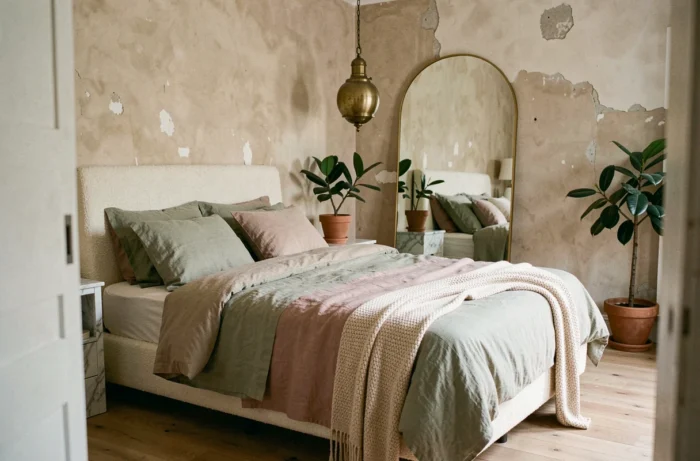 Chambre tendance style parisien avec tête de lit en bouclé blanc, linge de lit en lin et décoration végétale
