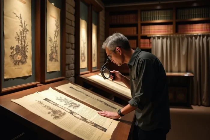 Chercheur examinant des manuscrits historiques et gravures sur bois représentant des scènes asiatiques avec des motifs de bambou dans une salle d'archives