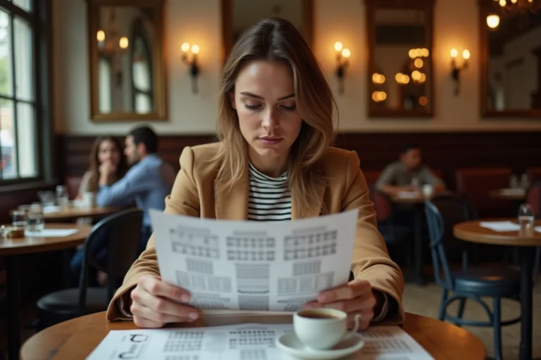 Femme étudiant un plan de salle de théâtre dans un café parisien pour choisir sa place au Palais-Royal