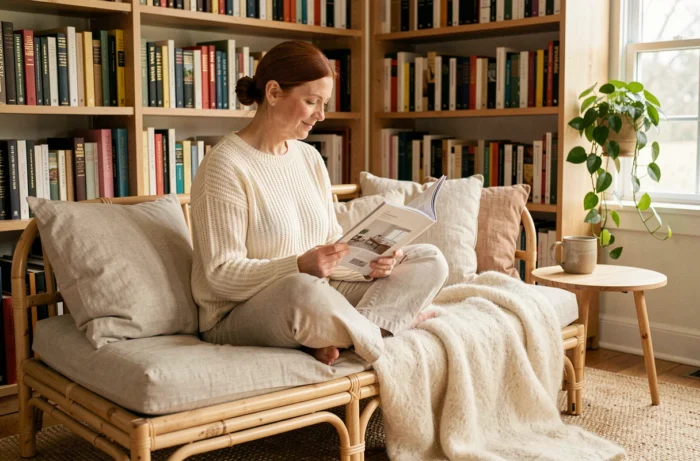 Femme lisant un magazine de décoration dans un coin lecture douillet avec étagères, coussins en lin et plantes vertes