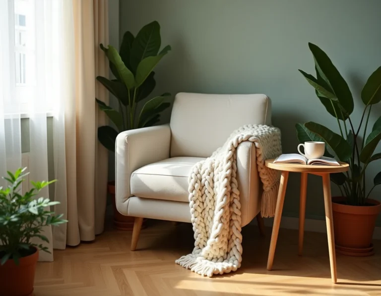 Coin salon cosy avec fauteuil en lin, plaid tricoté crème, plantes en pot et mug de tisane sur table en bois naturel