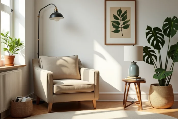 Coin salon décoré de façon éthique avec fauteuil vintage retapissé en laine, lampadaire artisanal en lin et table basse en bois recyclé
