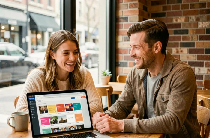 Deux collègues discutant de ressources créatives en ligne autour d'un ordinateur portable dans un café urbain