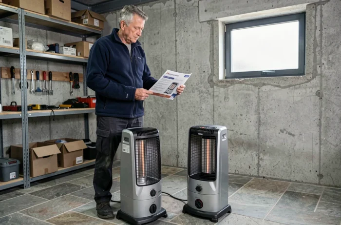 Homme comparant deux radiateurs électriques portables dans une salle utilitaire pour choisir le meilleur équipement de chauffage