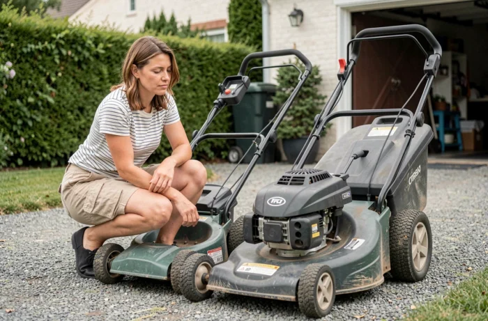 Femme comparant deux modèles de tondeuses sur une allée pour choisir l'outil adapté à un terrain de 2500 m²