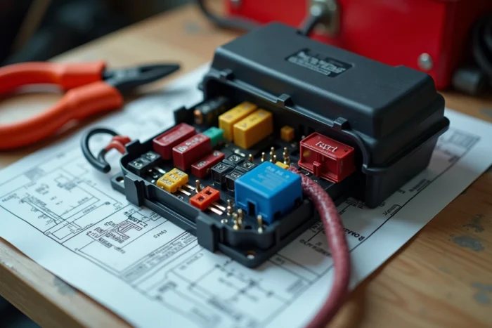 Gros plan sur le boîtier de fusibles et les connecteurs électriques d'une Magpower Avengers 125 posés sur un établi lors d'un diagnostic de panne