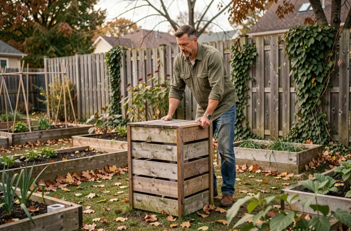 Homme gérant un composteur en bois dans un jardin domestique pour recycler les déchets organiques selon les principes de l'économie circulaire