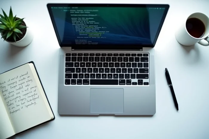 Vue aérienne d'un laptop configurant un proxy avec des commandes de terminal sur un bureau minimaliste