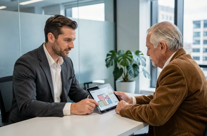 Un conseiller immobilier présente une évaluation de viager innovant à un client senior dans une agence moderne