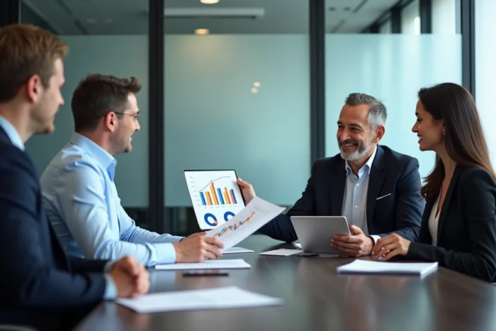Deux conseillers financiers présentent des graphiques de croissance patrimoniale à un client lors d'une réunion en salle de conférence, illustrant le conseil en investissement professionnel en 2024