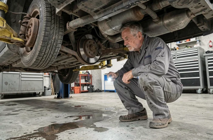 Mecânico inspecionando a parte de baixo de um carro usado em um elevador de garagem