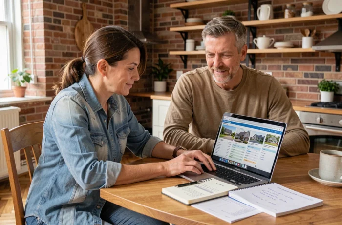 Couple étudiant des investissements immobiliers locatifs sur un ordinateur dans un appartement rénové