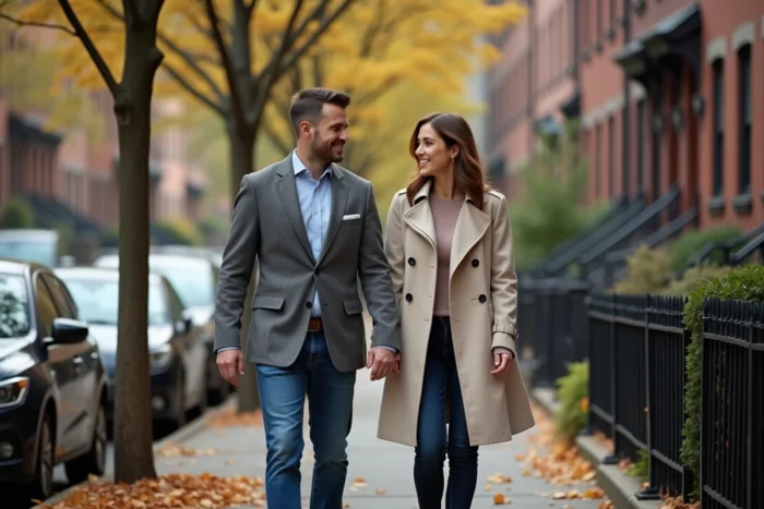 Couple discret se promenant dans un quartier résidentiel, évoquant la vie de couple d'une célébrité américaine