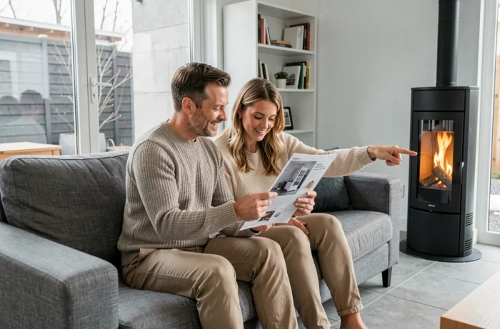 Couple consultant un catalogue d'équipements de chauffage devant un poêle à granulés dans un salon moderne et lumineux