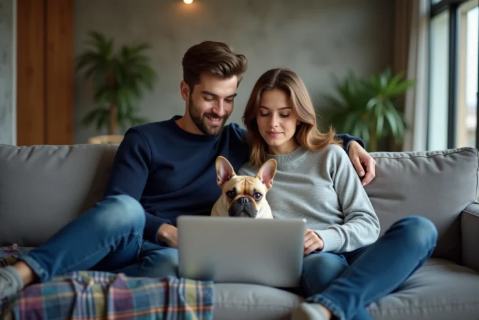 Couple comparant des offres d'assurance animaux en ligne avec leur bouledogue français sur le canapé