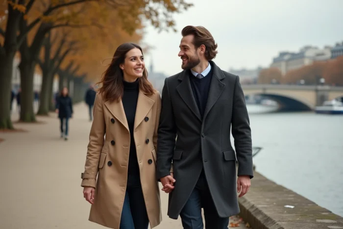 Couple élégant se promenant au bord de la Seine à Paris en automne, symbolisant la complicité et la vie amoureuse