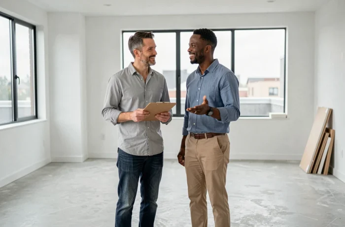 Couple d'investisseurs visitant un appartement rénové pour évaluer un projet immobilier rentable
