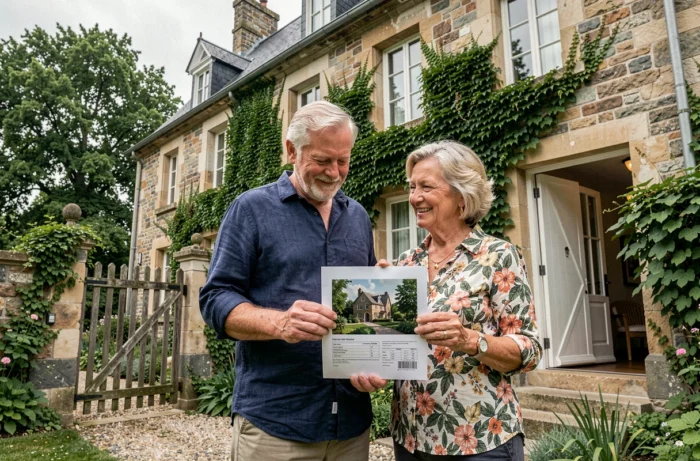 Un couple de retraités devant leur maison en pierre envisageant une vente en viager, solution immobilière innovante en 2026