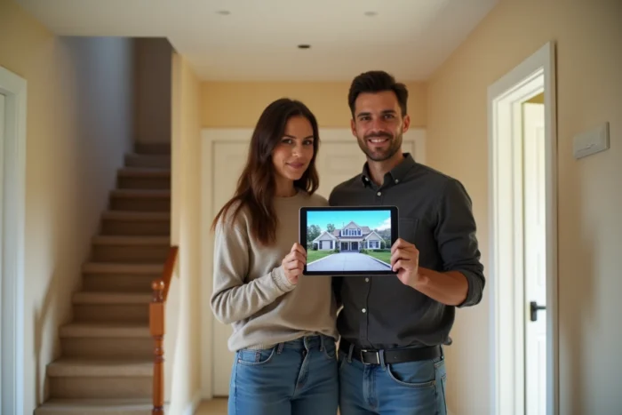 Couple découvrant une visite virtuelle immobilière sur tablette dans le couloir d'une maison à vendre