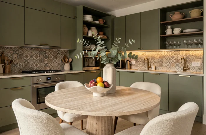 Cuisine et salle à manger tendance avec table en travertin, chaises en bouclé et crédence en zellige vert olive